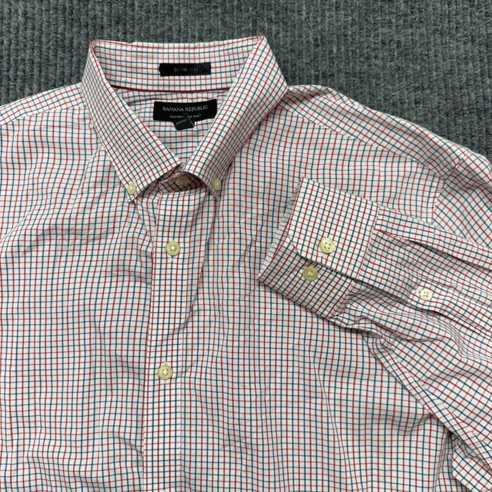 Banana Republic Tech Stretch Shirt Mens L Slim Fit‎ Red Blue Plaid Button Down